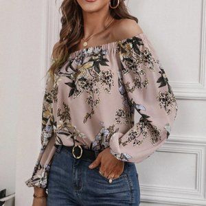 Floral Print Off Shoulder Balloon Sleeve Top Blush Pink